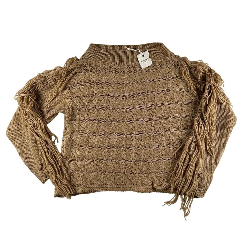 ANDTHEWHY Sweater Womens M/L Brown Cable Knit Fringe Mock Neck Pullover Western